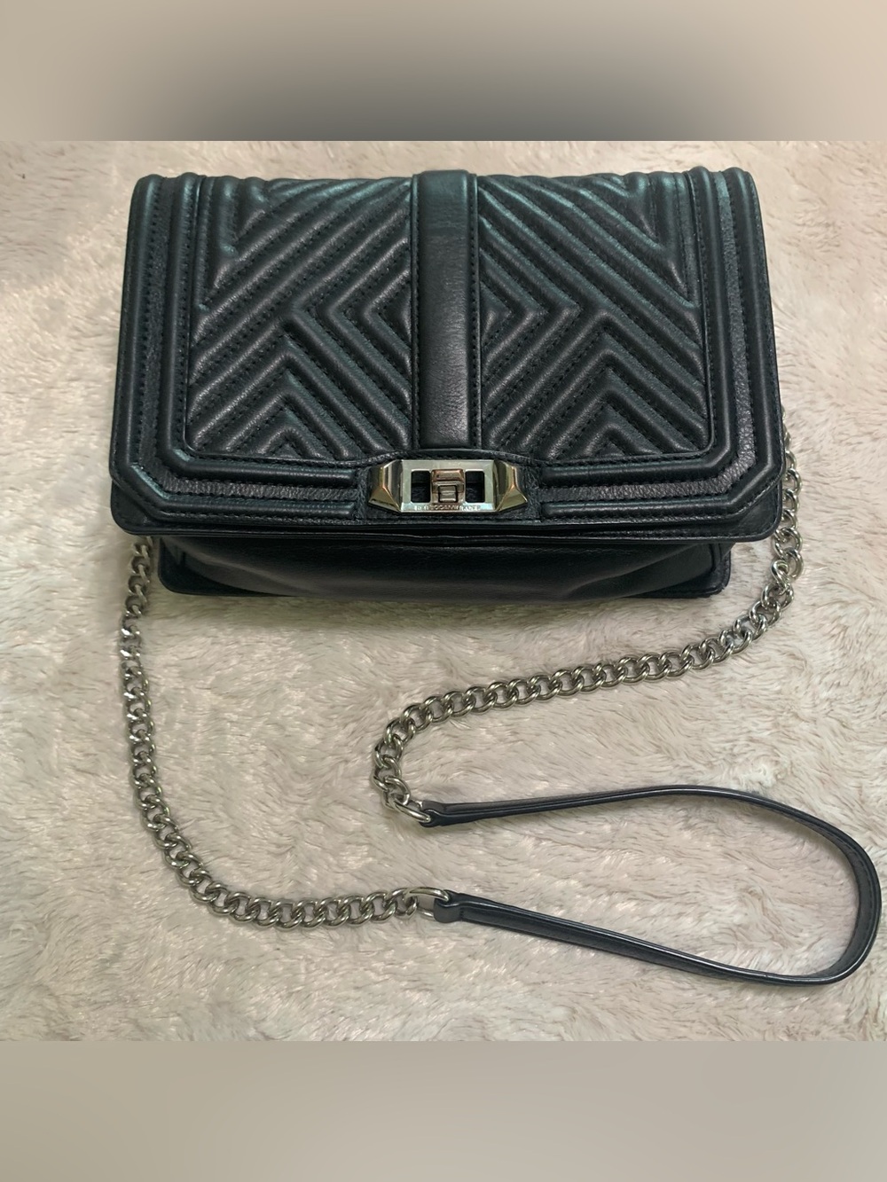 Rebecca Minkoff Black Quilted Leather Chevron Chain Strap Crossbody Purse